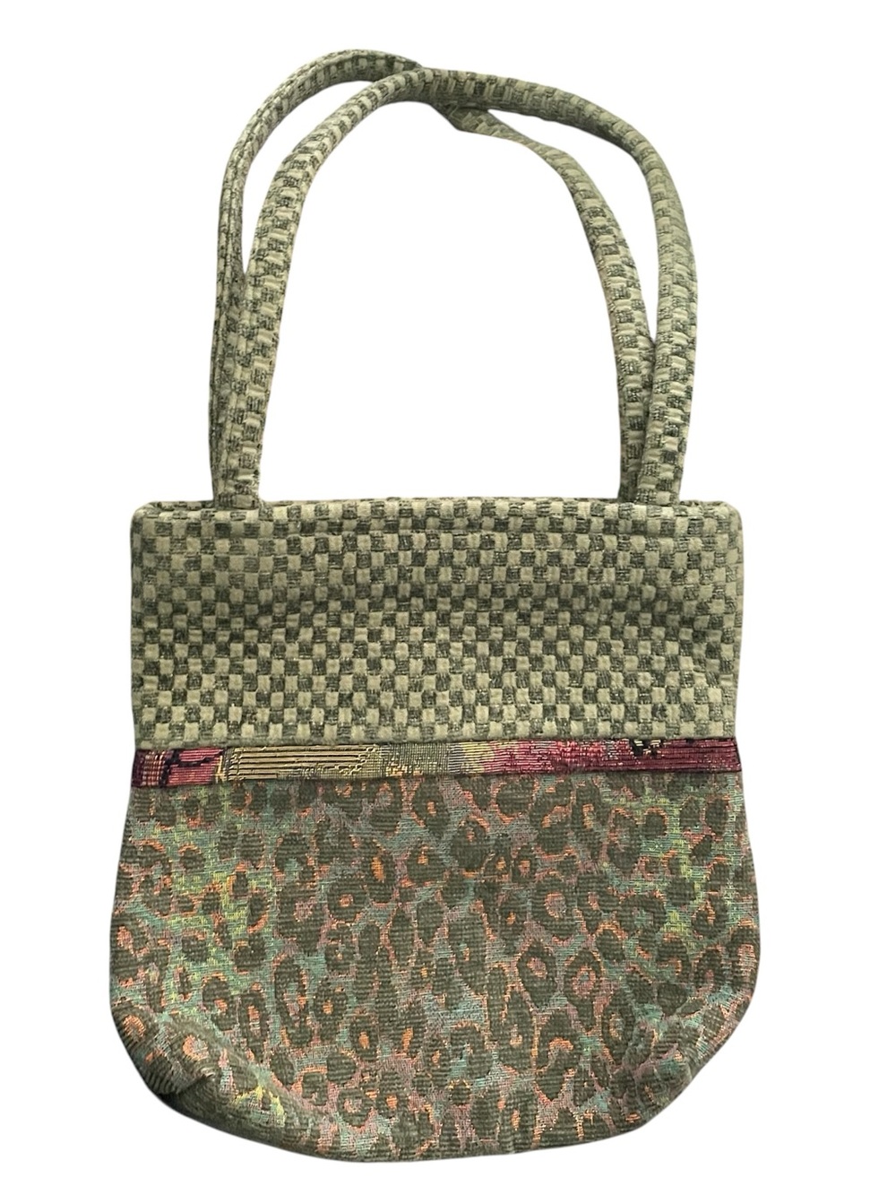 Vintage Woven Green leopard Patterned Tote Bag Lisa Frank-ish